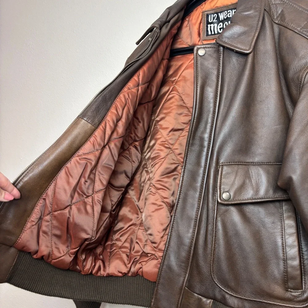 U2 Wear Me Out Leather Bomber Jacket‎ Mens Medium Brown Vintage Flight A-2 Style
